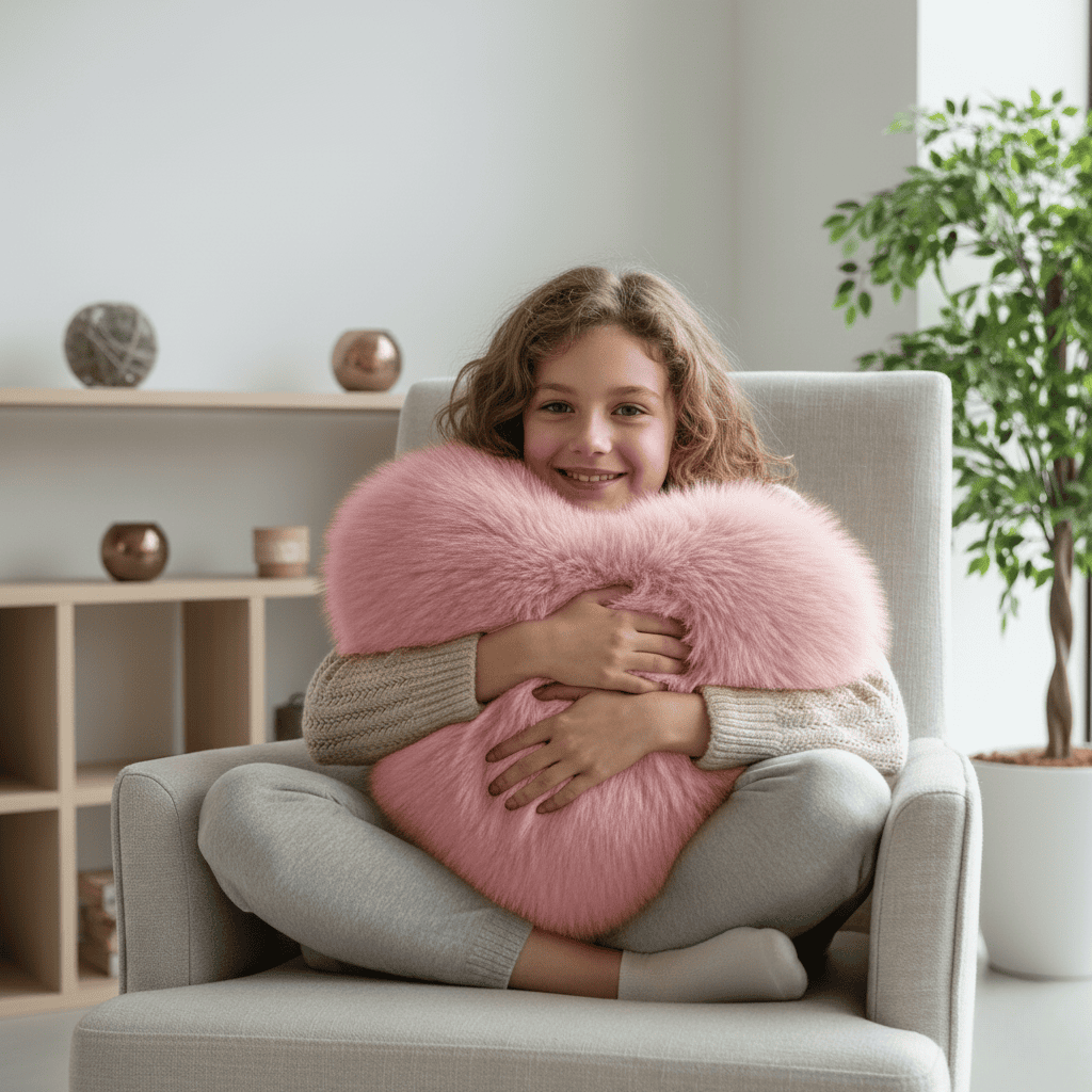 HUGNEST – Heart-shaped faux fur pillow for warm & modern living spaces