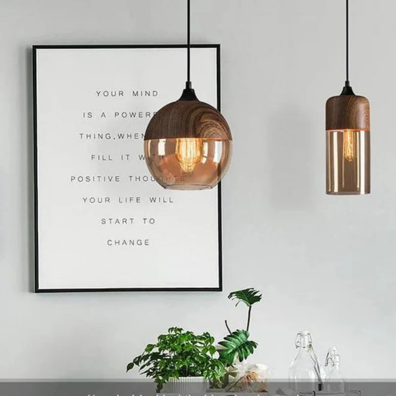Scandinavian Wooden Glass Pendant Light with Warm Glow for Dining Room