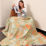 Boho Floral 100% Cotton Tassel Throw Blanket for Bedroom and Couch