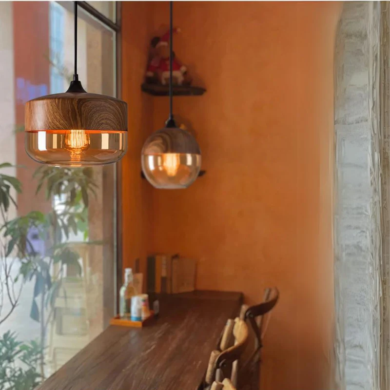 Scandinavian Wooden Glass Pendant Light with Warm Glow for Dining Room