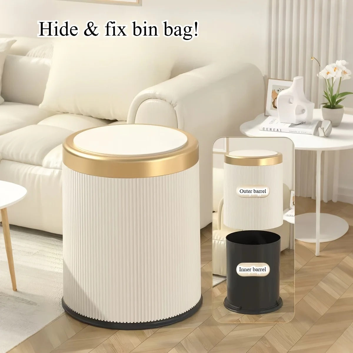 Push-Lid Trash Can with Gold Accent