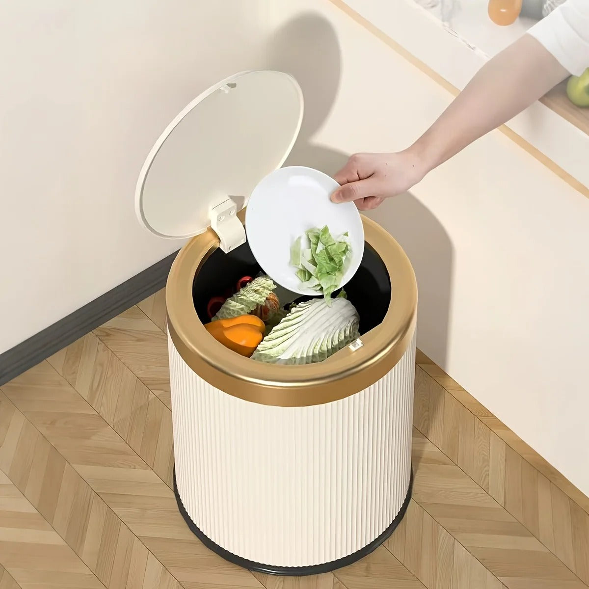 Push-Lid Trash Can with Gold Accent