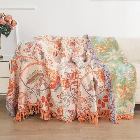 Boho Floral 100% Cotton Tassel Throw Blanket for Bedroom and Couch