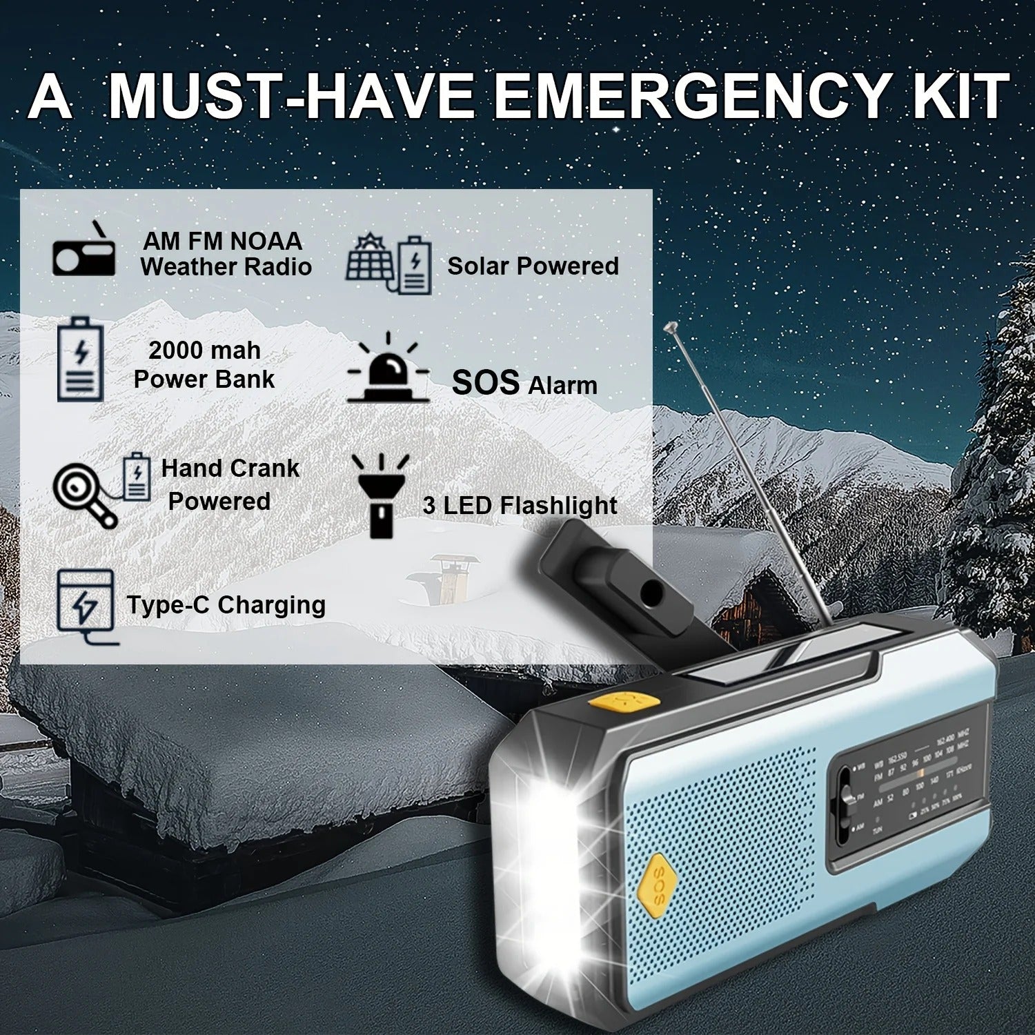 Hand Crank Emergency Radio with Solar and Flashlight
