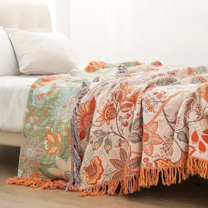 Boho Floral 100% Cotton Tassel Throw Blanket for Bedroom and Couch