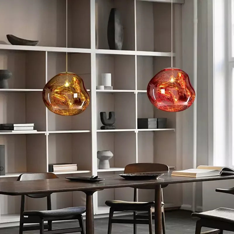 Melting Globe Glossy Metal Pendant Light 15 to 38 cm E27 in Gold Silver Red or Warm Brown Pink