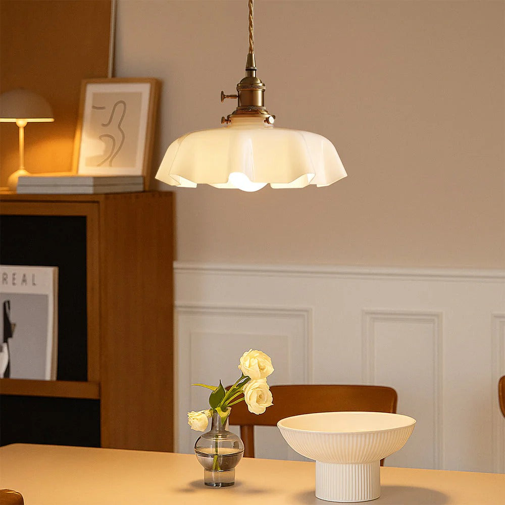 French Style Scalloped Cream Glass Pendant Light with Brass Fitting for Dining Room