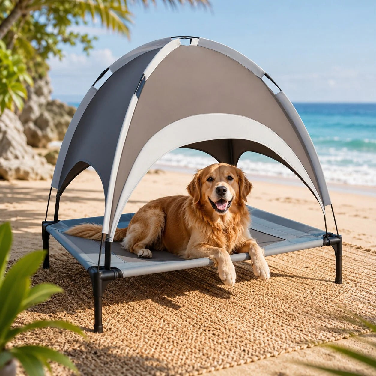 Elevated Dog Bed with Sunshade and Cooling Mat