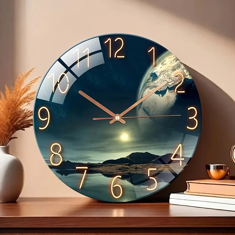 Glass Wall Clock with Earth Landscape Design