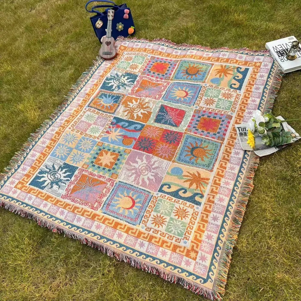 Boho Jacquard Picnic Blanket with Fringe