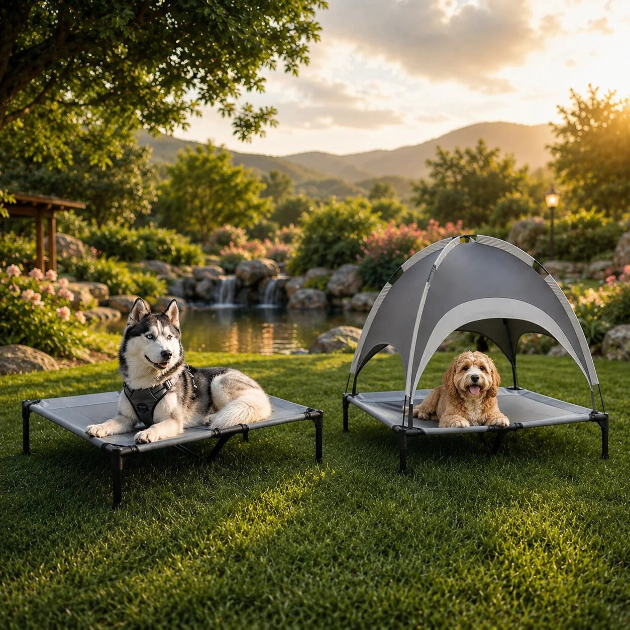 Elevated Dog Bed with Sunshade and Cooling Mat