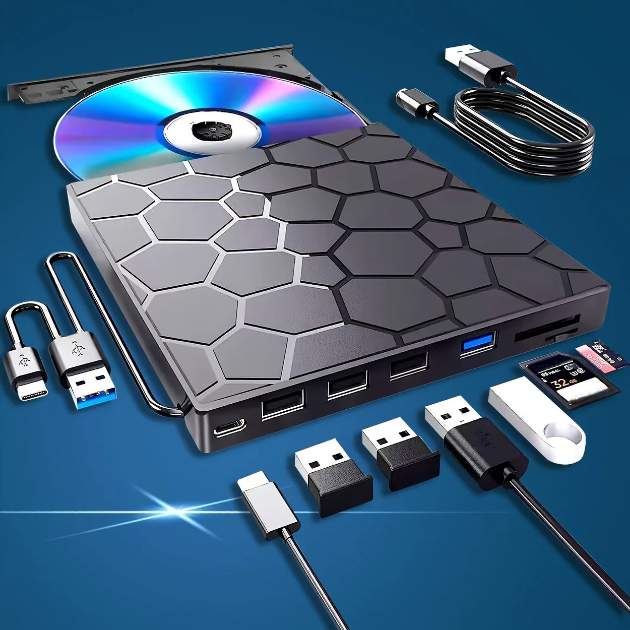 8-in-1 External CD/DVD Drive with USB Hub