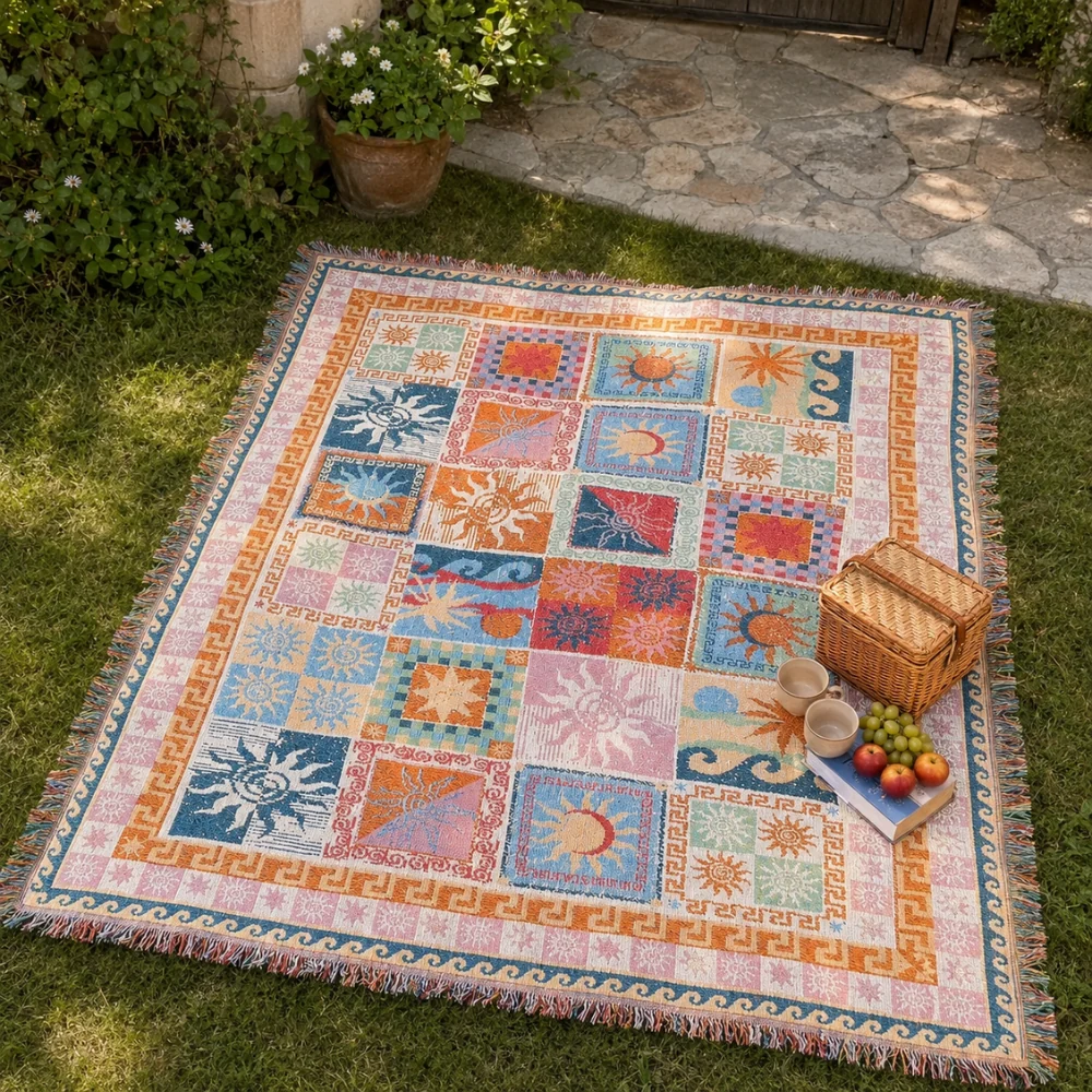 Boho Jacquard Picnic Blanket with Fringe