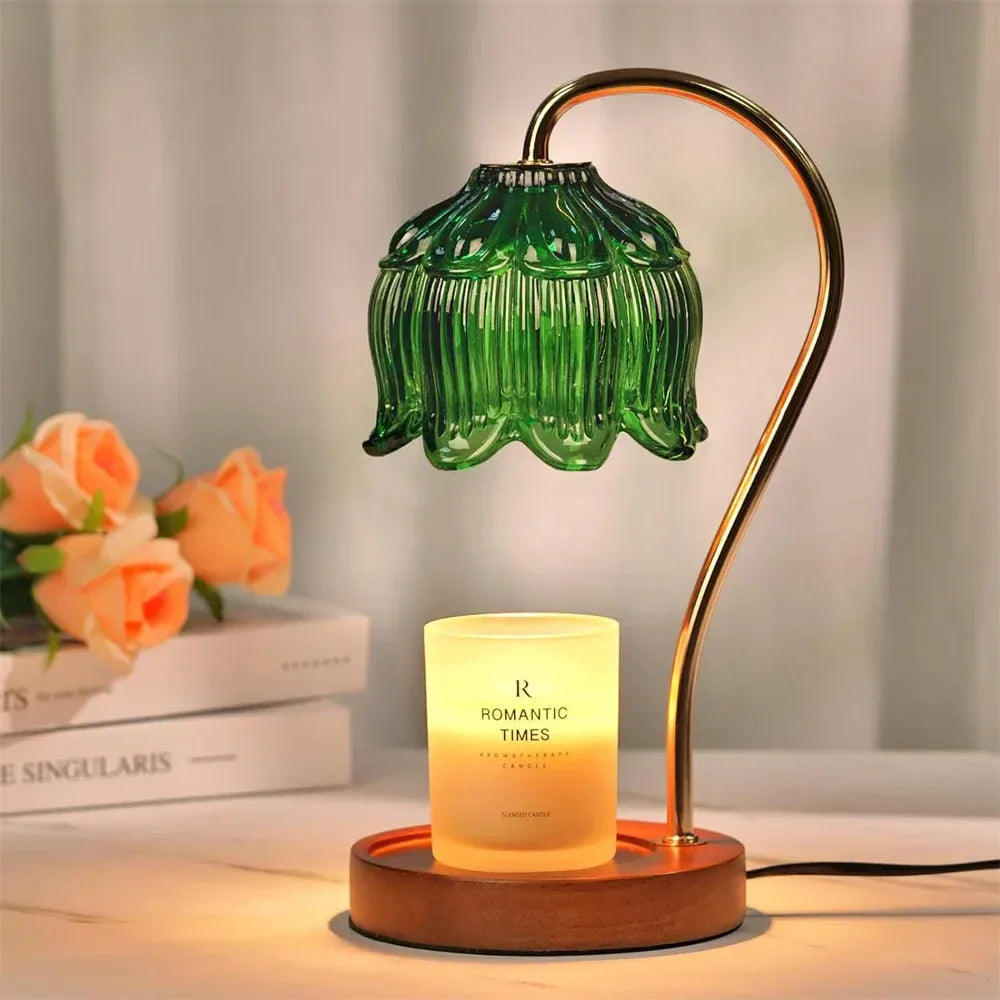 Candle Warmer Lamp Retro Glass Shade and Solid Wood Base