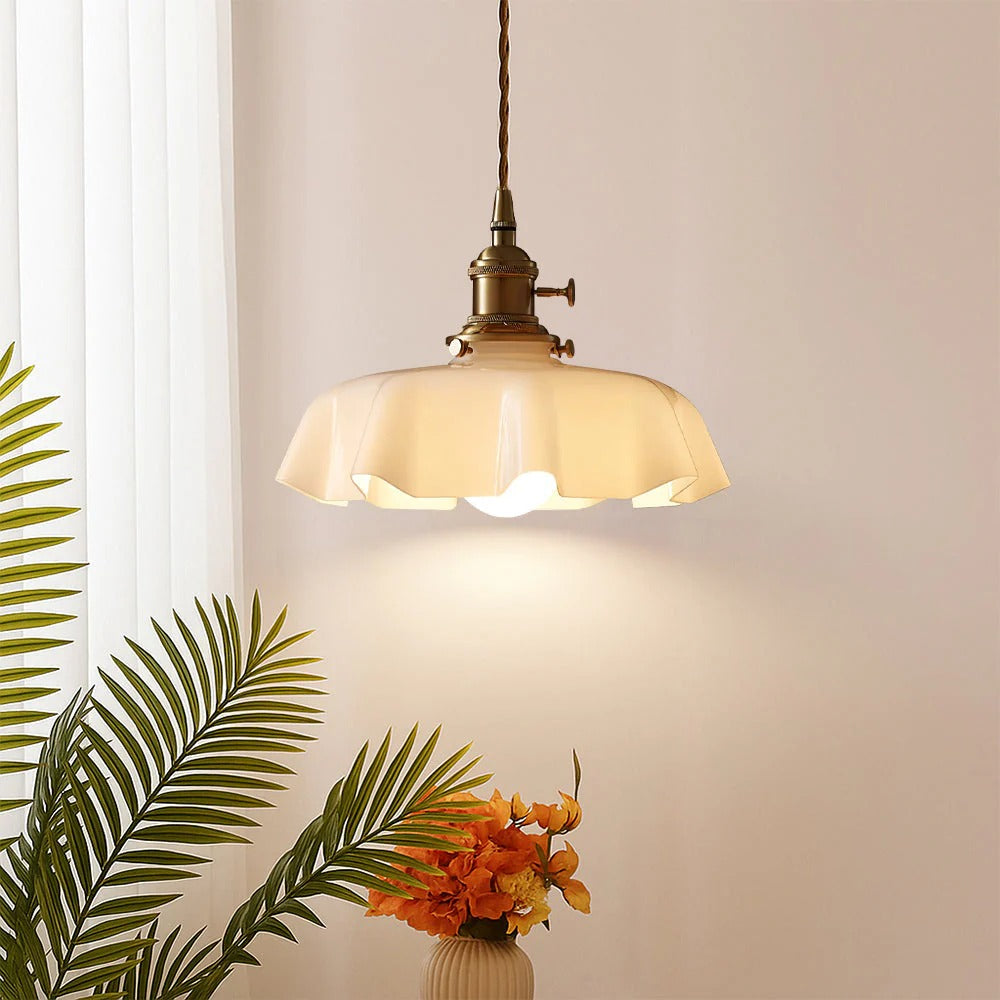 French Style Scalloped Cream Glass Pendant Light with Brass Fitting for Dining Room