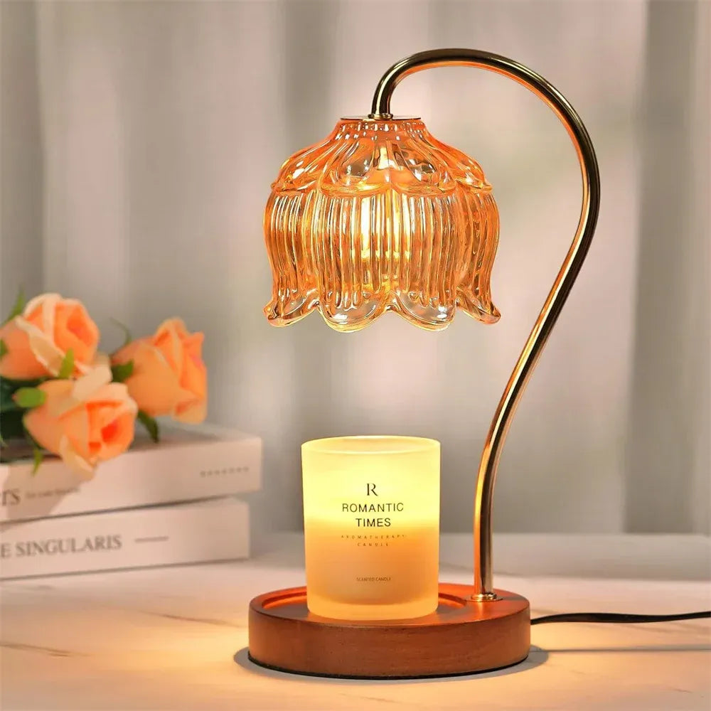 Candle Warmer Lamp Retro Glass Shade and Solid Wood Base