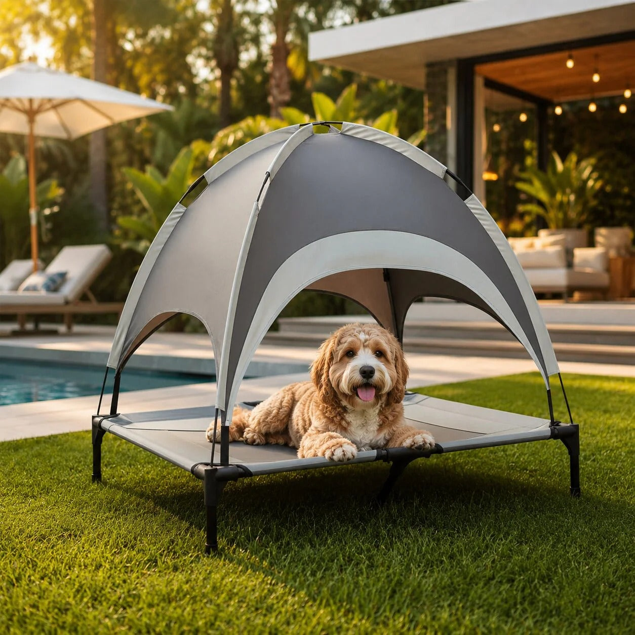 Elevated Dog Bed with Sunshade and Cooling Mat
