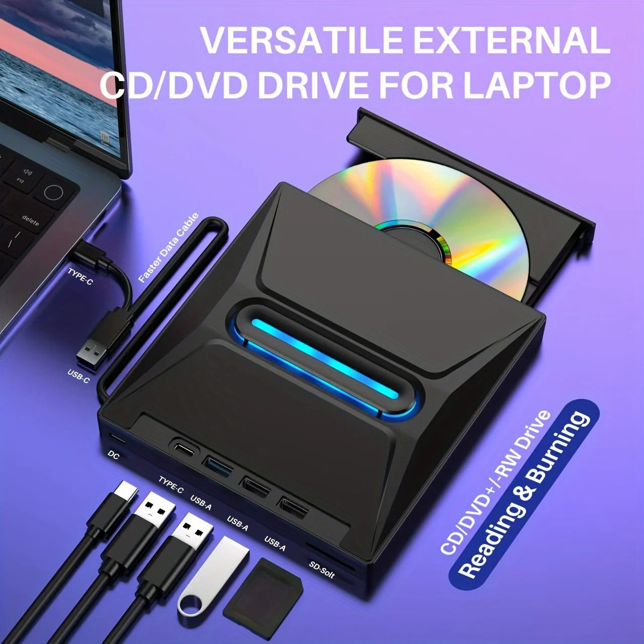 3-in-1 External CD/DVD Drive with Card Reader