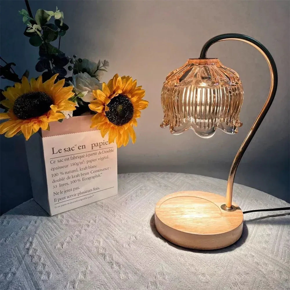 Candle Warmer Lamp Retro Glass Shade and Solid Wood Base