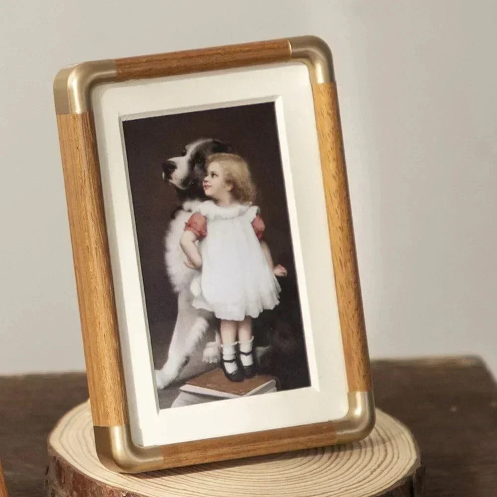 Tabletop Photo Frame Vintage Wood and Brass Design