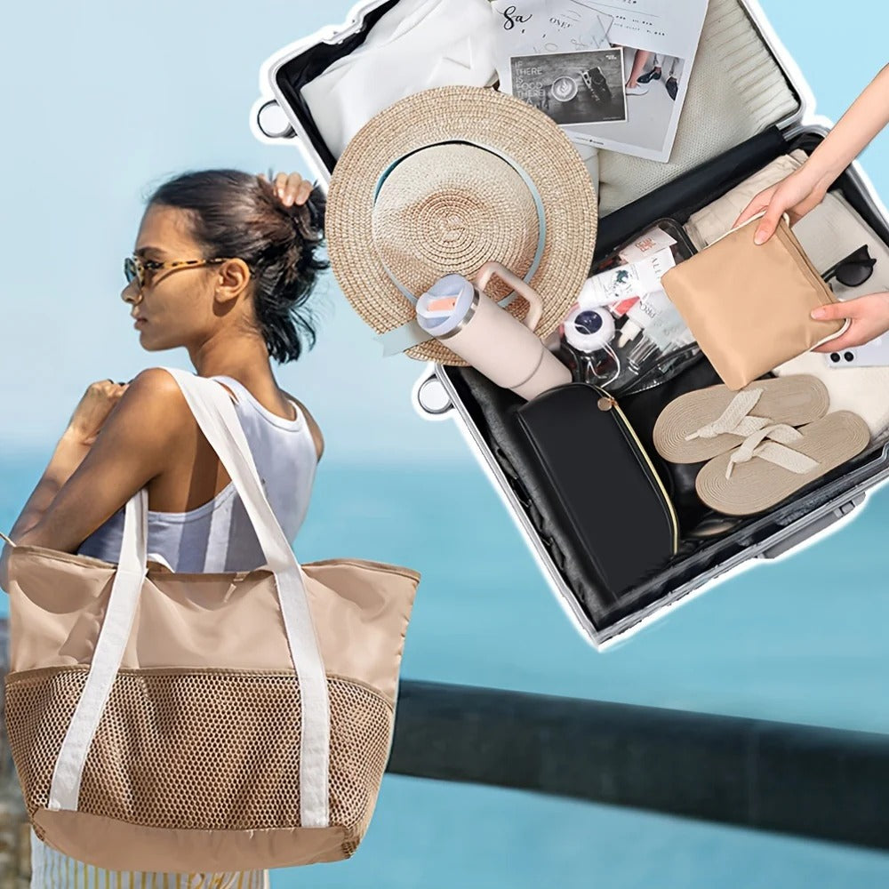 Large Foldable Beach Bag with Mesh Pockets