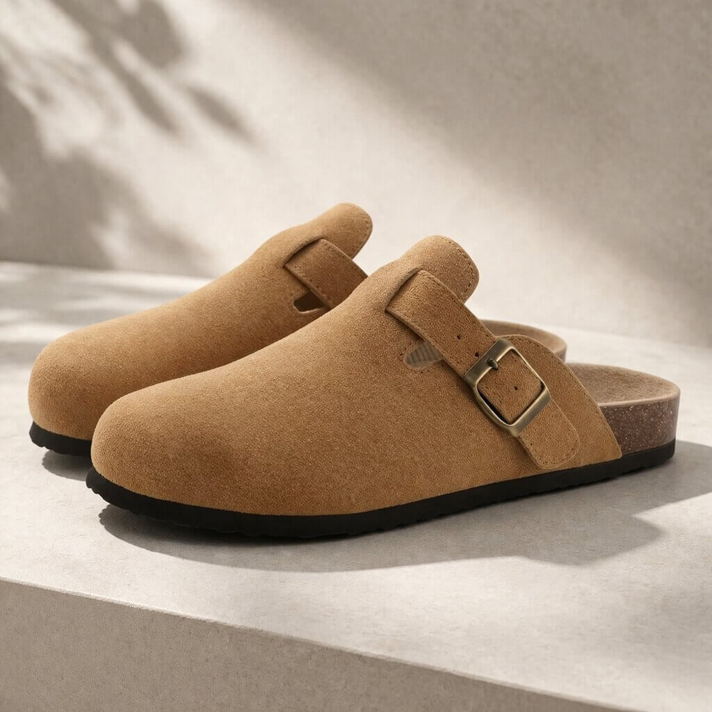 Suedara House Slippers – Cork Footbed with Suede Upper and Adjustable Buckle