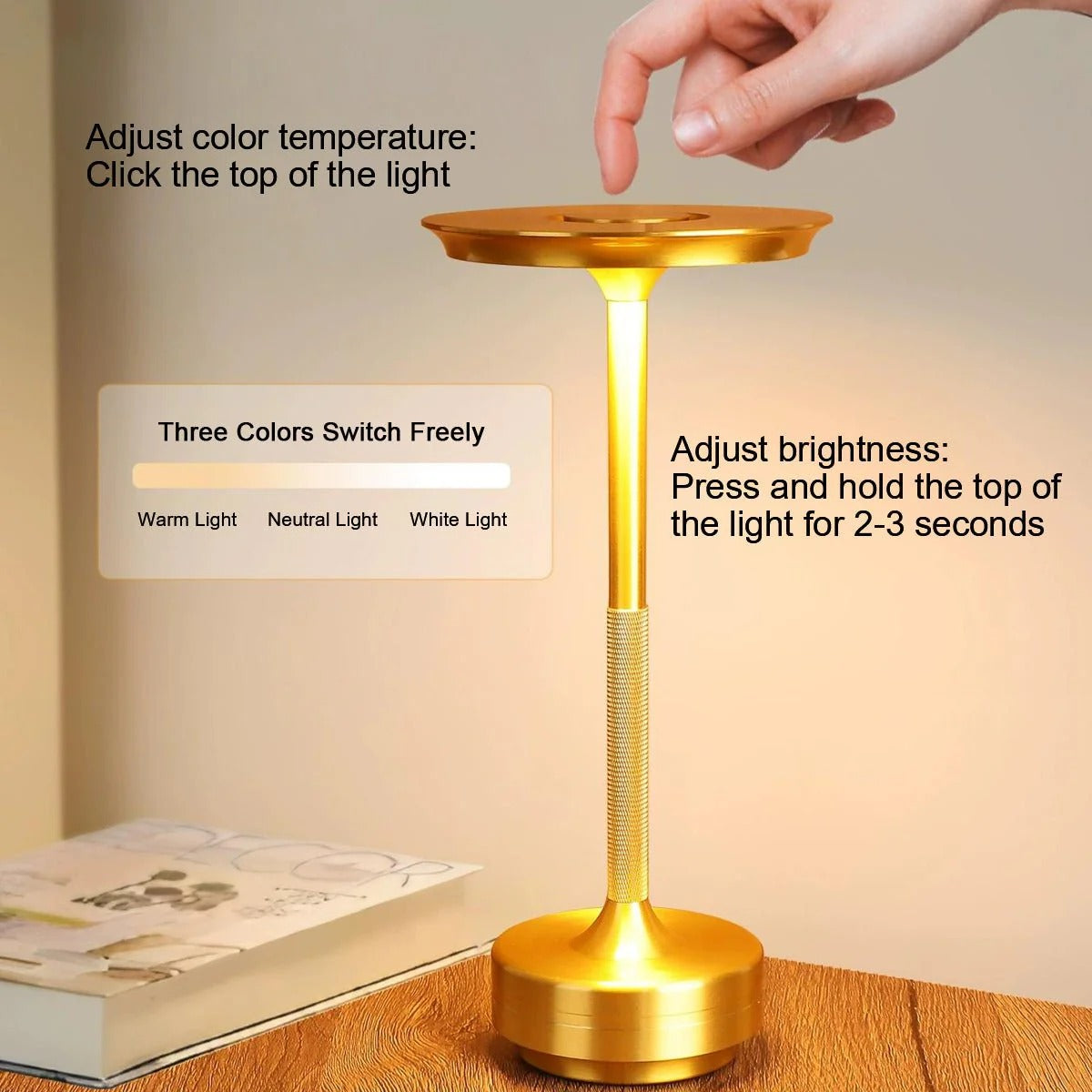 LED Table Lamp Aluminum & Acrylic Dimmable · USB-C Rechargeable