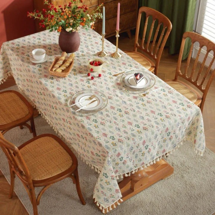 Machine Washable Floral Tassel Tablecloth, Microfiber, 5 Sizes