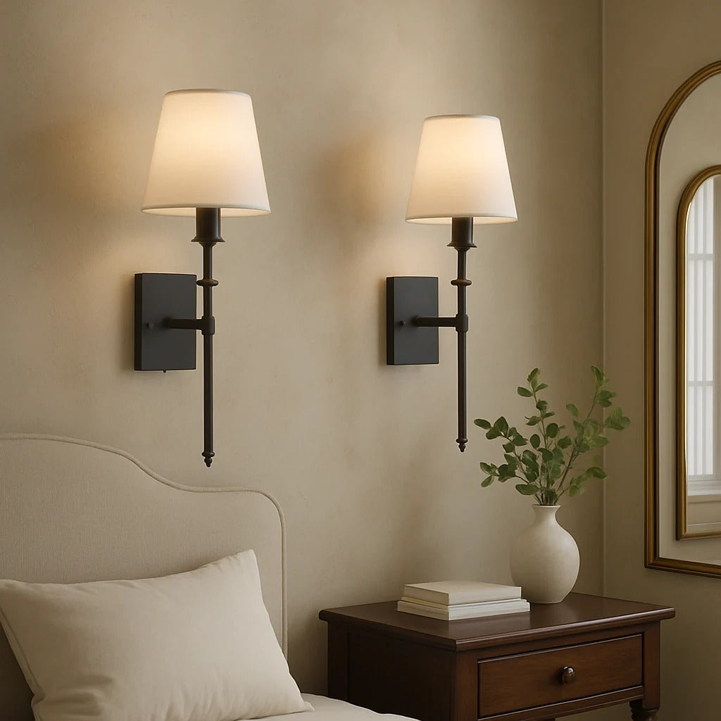 Wired Wall Lamp Set (2-Piece), Iron & Fabric Shade