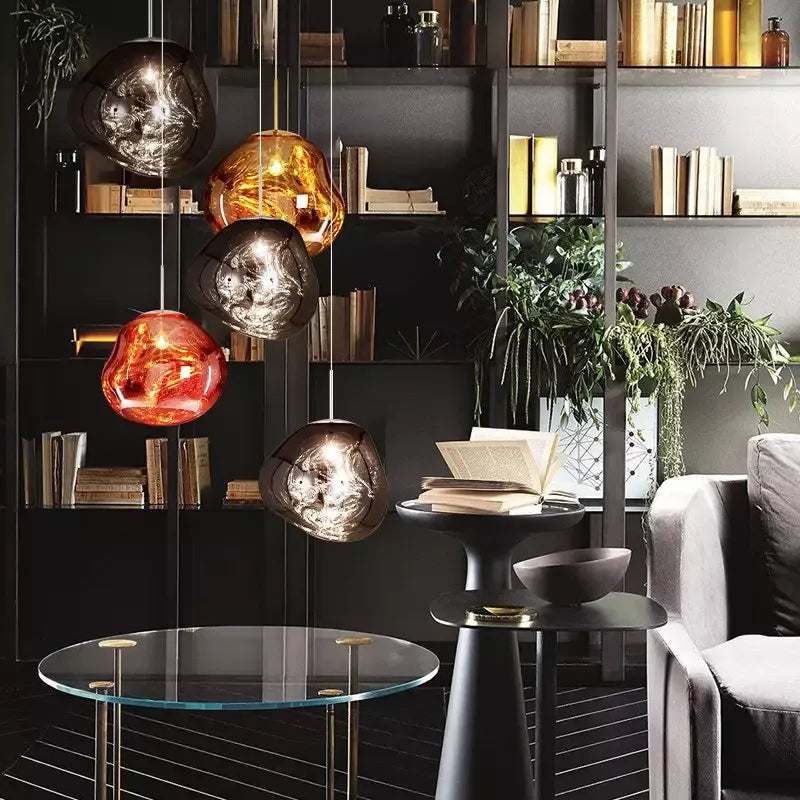 Melting Globe Glossy Metal Pendant Light 15 to 38 cm E27 in Gold Silver Red or Warm Brown Pink