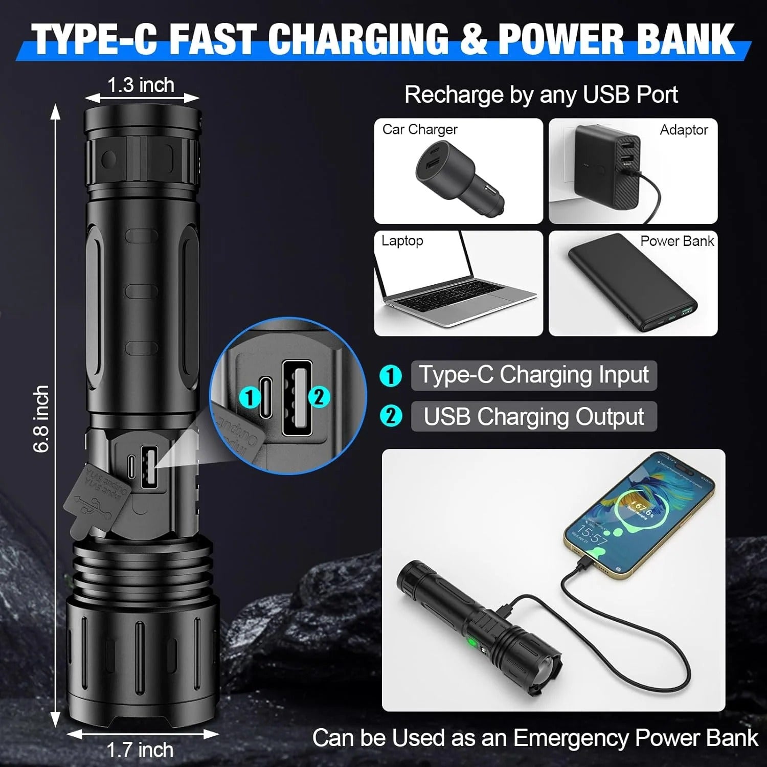 Tactical LED Flashlight with Power Bank