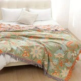 Boho Floral 100% Cotton Tassel Throw Blanket for Bedroom and Couch