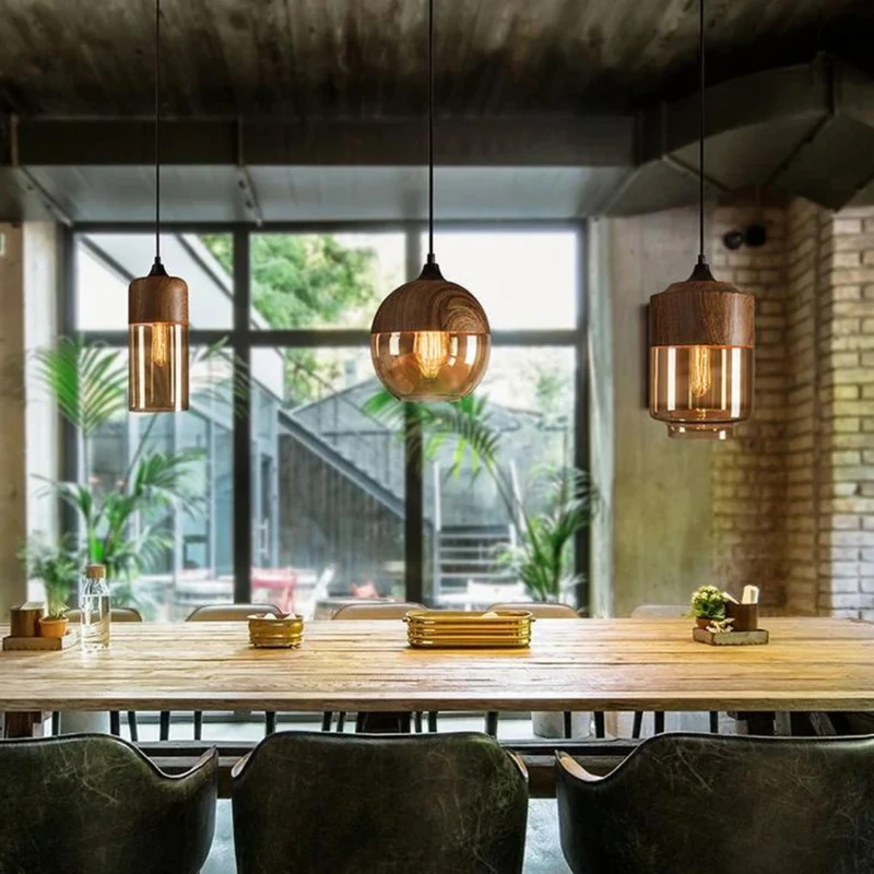 Scandinavian Wooden Glass Pendant Light with Warm Glow for Dining Room