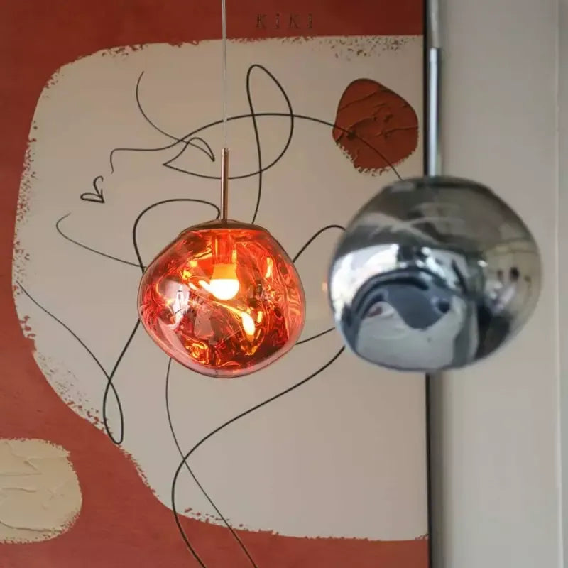 Melting Globe Glossy Metal Pendant Light 15 to 38 cm E27 in Gold Silver Red or Warm Brown Pink