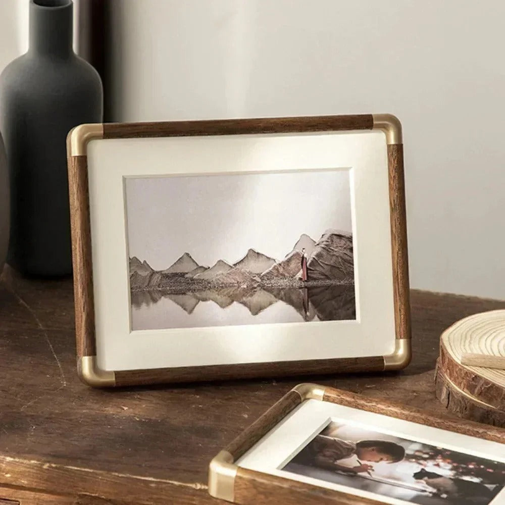 Tabletop Photo Frame Vintage Wood and Brass Design