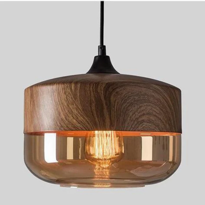 Scandinavian Wooden Glass Pendant Light with Warm Glow for Dining Room