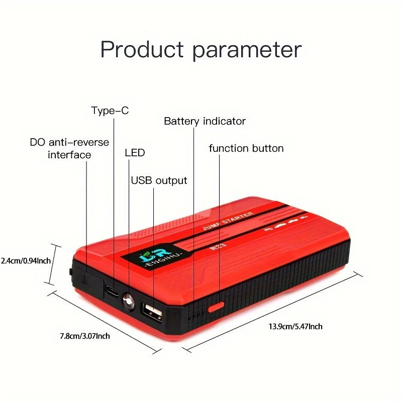 Portable Car Jump Starter with LED Flashlight and USB-C Power Bank
