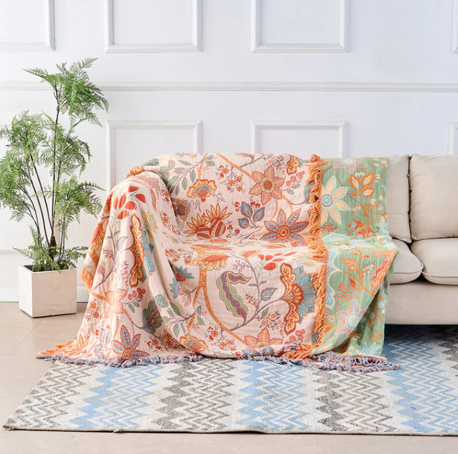 Boho Floral 100% Cotton Tassel Throw Blanket for Bedroom and Couch
