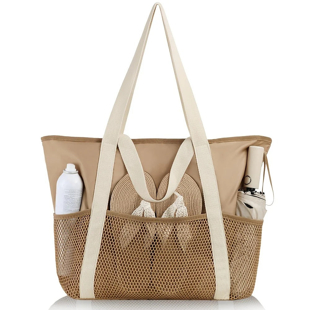 Large Foldable Beach Bag with Mesh Pockets