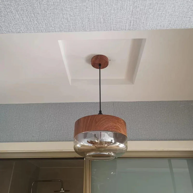 Scandinavian Wooden Glass Pendant Light with Warm Glow for Dining Room
