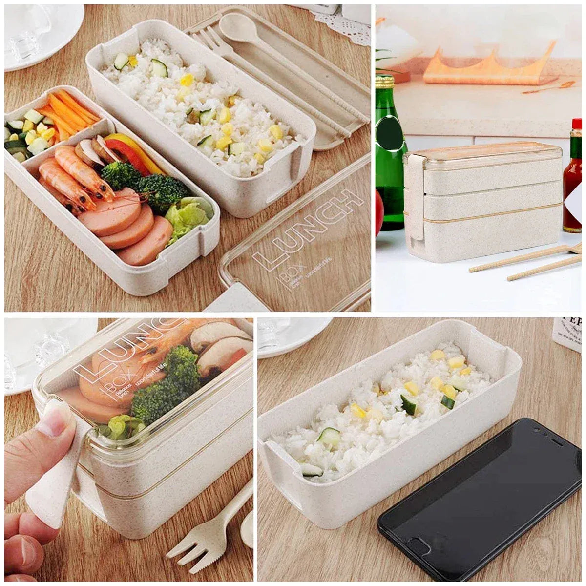 EcoStack 3-Tier Wheat Straw Bento Lunch Box with Utensils