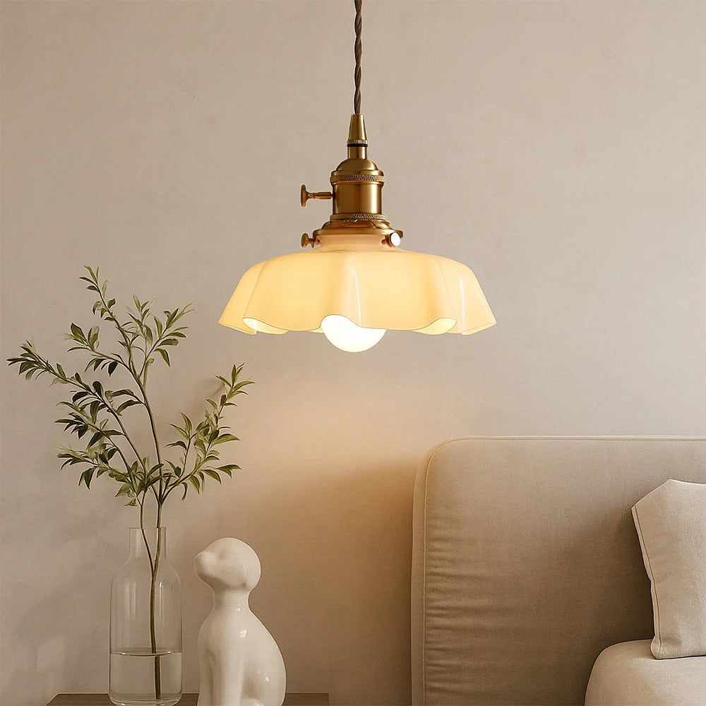 French Style Scalloped Cream Glass Pendant Light with Brass Fitting for Dining Room