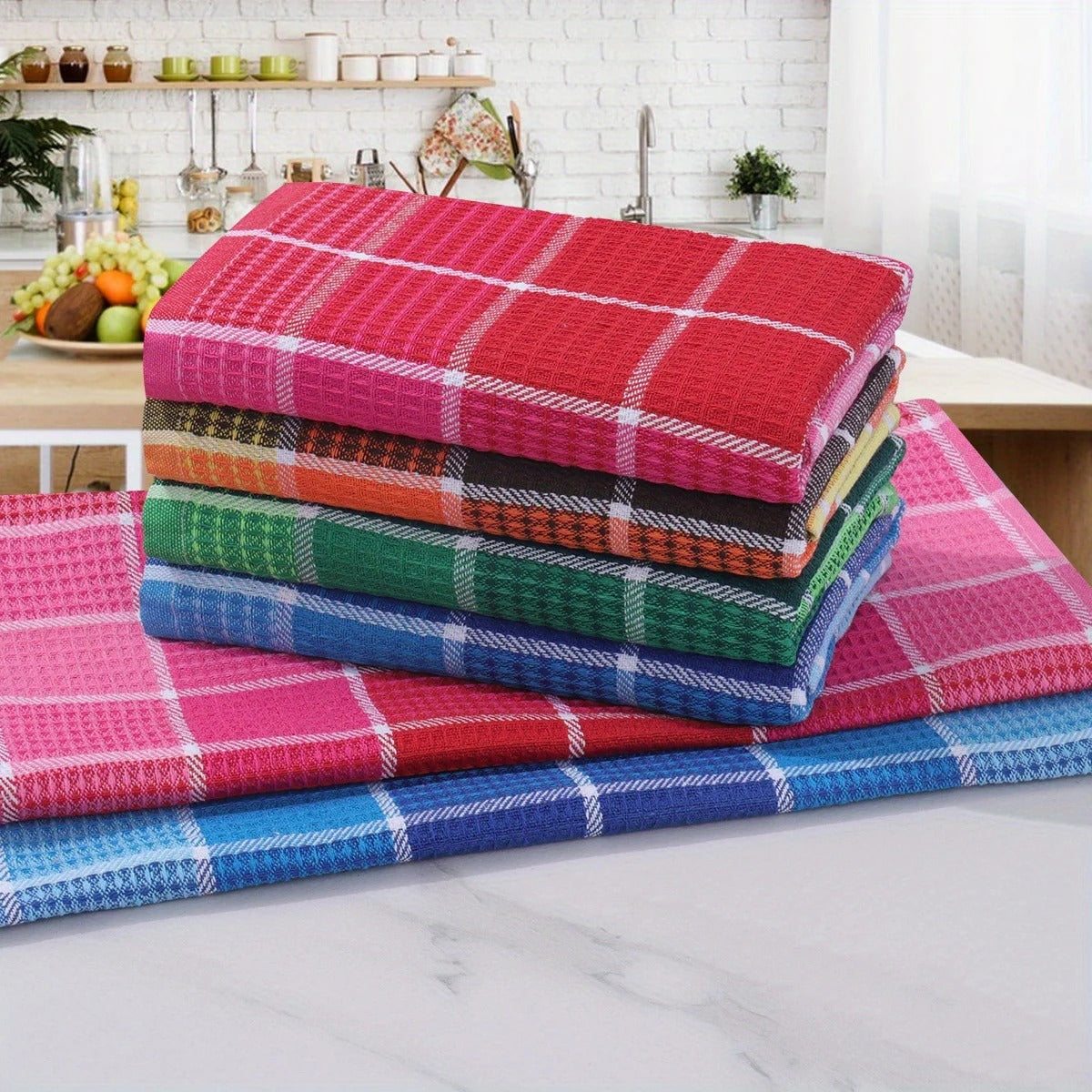 Waffle Kitchen Towel Set with Check Pattern