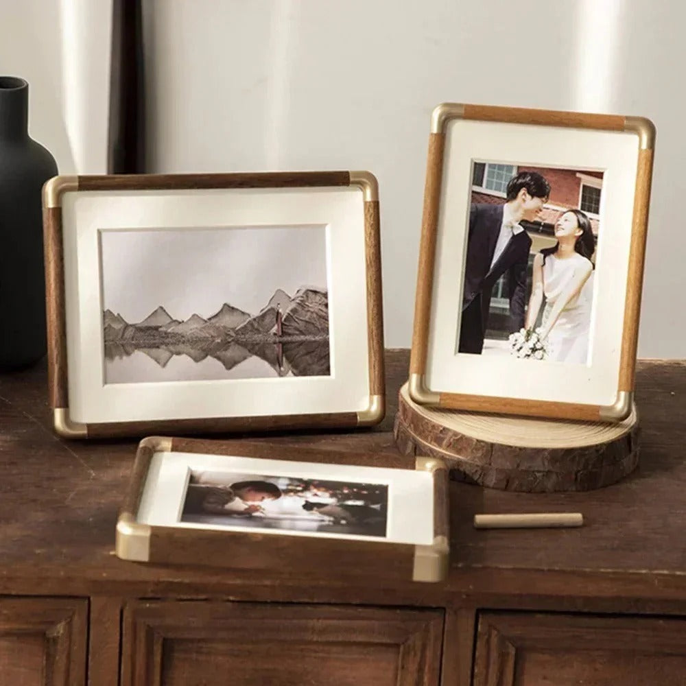 Tabletop Photo Frame Vintage Wood and Brass Design