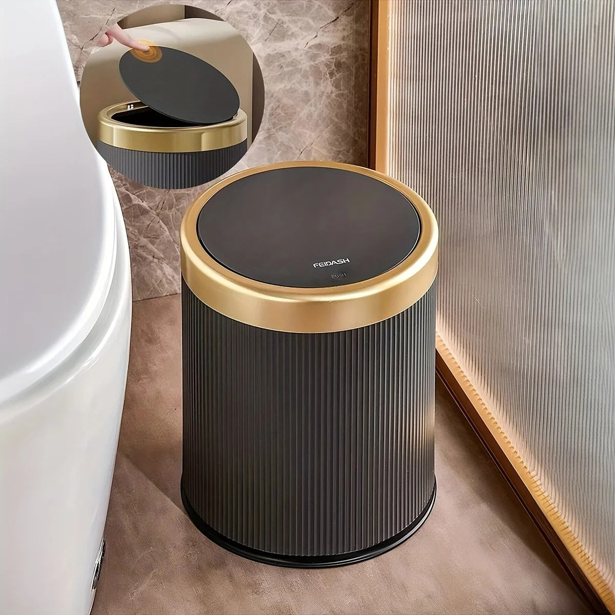 Push-Lid Trash Can with Gold Accent