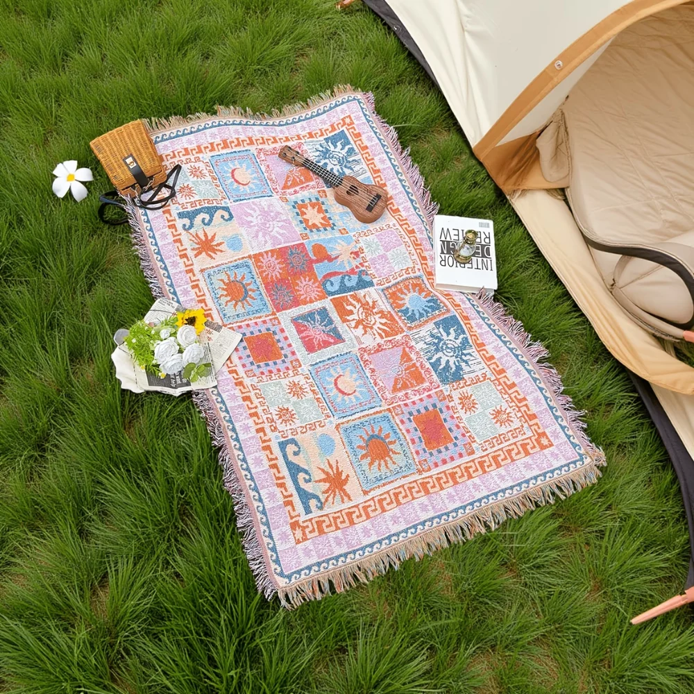 Boho Jacquard Picnic Blanket with Fringe