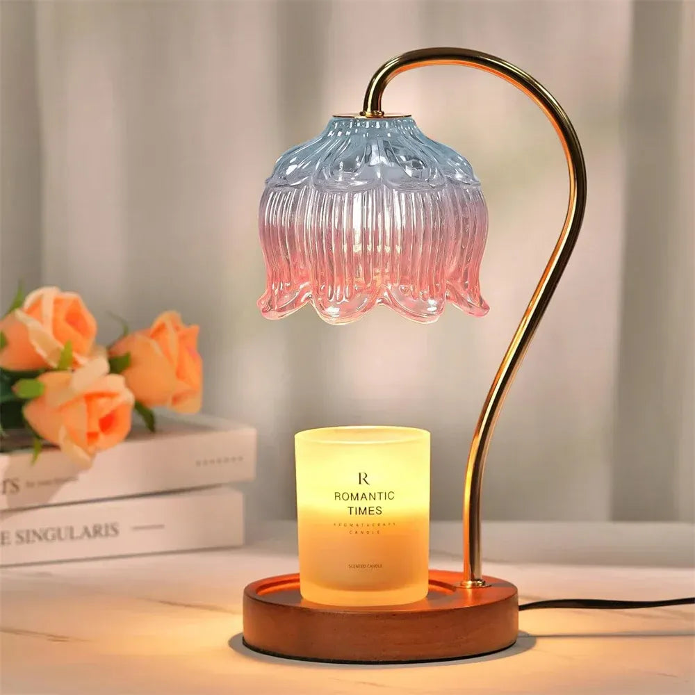 Candle Warmer Lamp Retro Glass Shade and Solid Wood Base