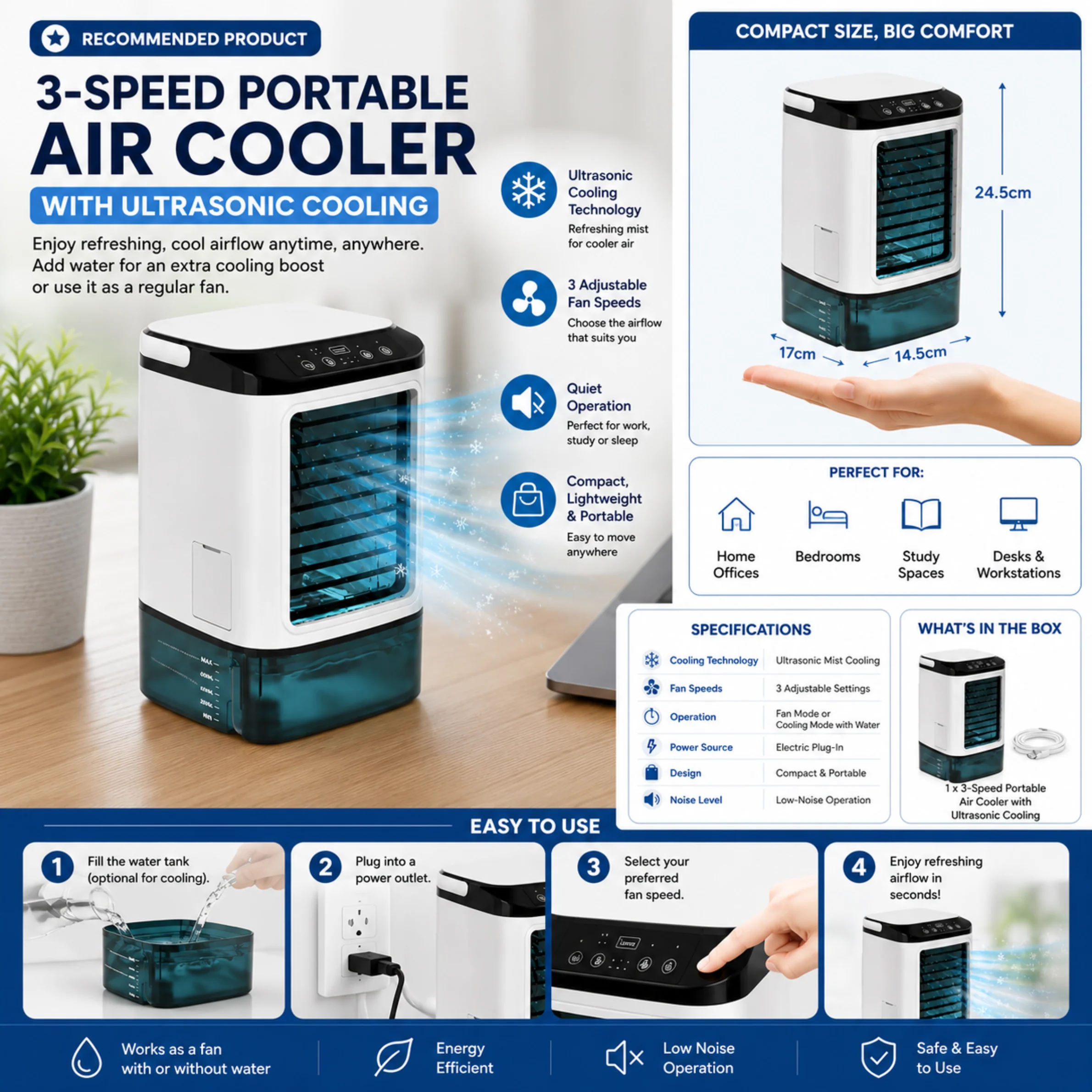 3-Speed Personal Desk Air Cooler