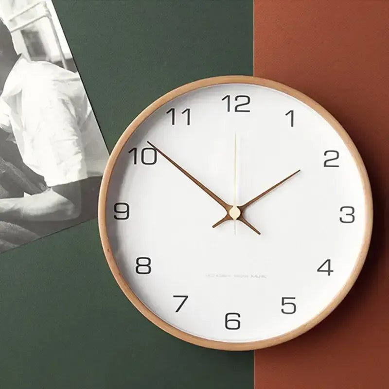 Scandinavian Solid Wood Frame Silent Wall Clock for Living Room and Bedroom
