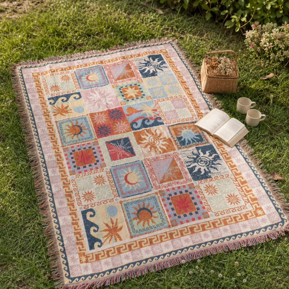 Boho Jacquard Picnic Blanket with Fringe
